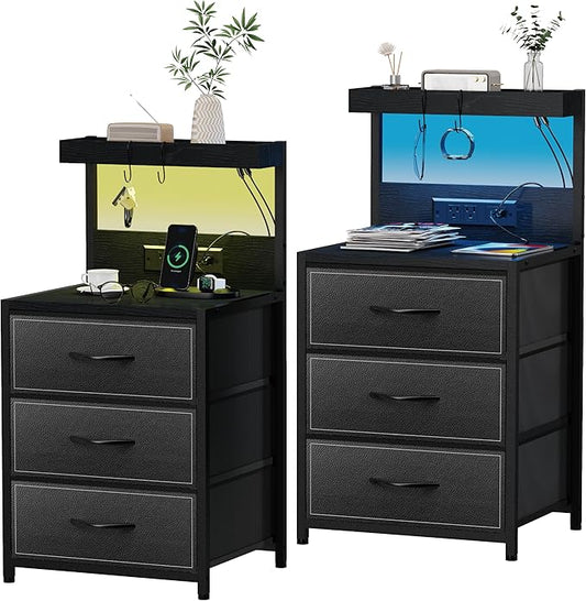 LED Nightstand Set of 2, Dresser Nightstand with 3 Drawers and Type C Charging Station, Storage End Table with Shelf and Hooks, Large Bedside Table for Dorm Bedroom, Black
