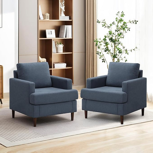 Mid-Century Accent Chair, Comfy Upholstered Reading Accent Chairs for Bedroom, Modern Linen Fabric Armchair for Living Room, Single Sofa Chair with Wood Legs (Blue Grey, 2 Pack)