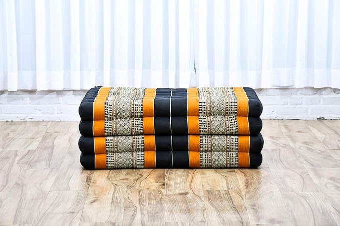 Leewadee Trifold Mattress Standard – Comfortable Thai Massage Pad, Foldable Floor Mattress Filled with Kapok, Perfect to Use as a Sleeping Mat 79 x 28 inches, Black Orange