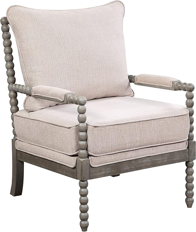 OSP Home Furnishings Abbott Spindle Accent Chair with Padded Spring Seat and Brushed Grey Base, Linen Fabric