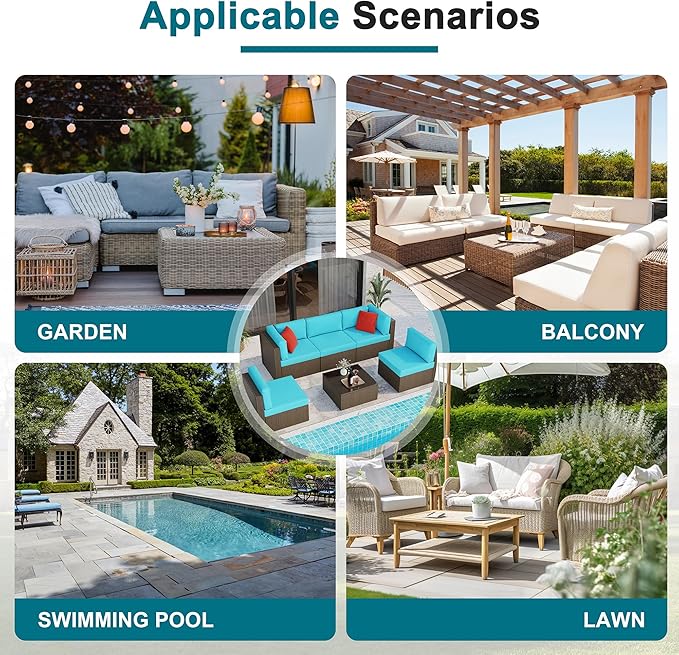 Shintenchi 6 Pieces Patio Furniture Sets Outdoor All-Weather Sectional Patio Sofa Set PE Rattan Manual Weaving Wicker Patio Conversation Set with Glass Table&Ottoman Cushion and Red Pillows, Blue
