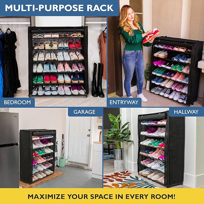 Sundaze Shoe Rack with Cover - 6 Tier Shoe Rack for Front Door Entrance, Sturdy Tall Shoe Organizer for Bedroom, Closet, Garage, Non Woven Fabric Shelf, Black, Holds Up to 30 Pairs