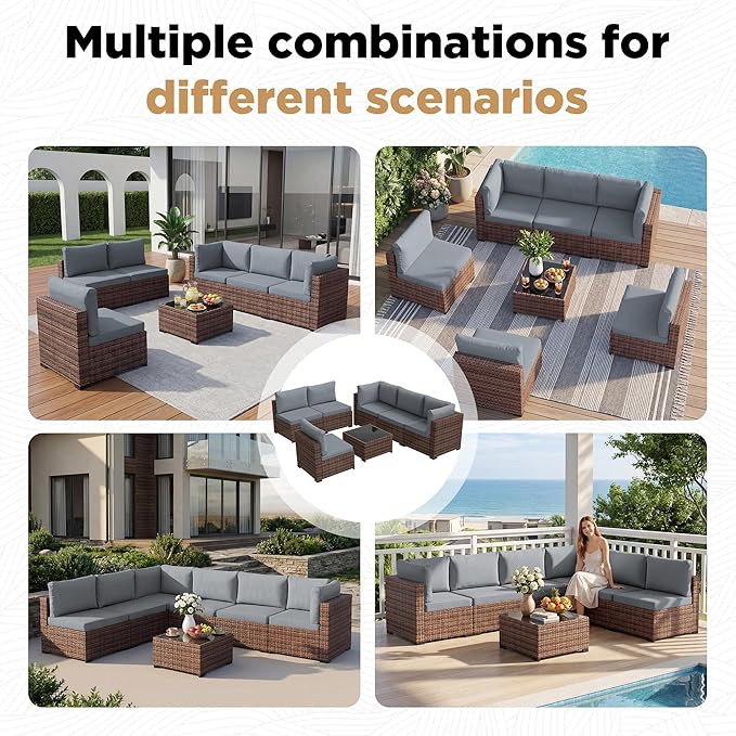 LHBcraft 7 Pieces Outdoor Wicker Rattan Patio Furniture, Wicker Rattan Outdoor Sectional Sofa Set with Coffee Table & Blue Cushions for Garden, Poolside