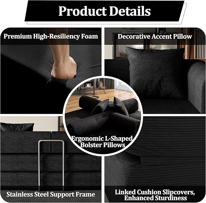 53.15'' Convertible Compressed Corduroy Folding Cloud Sofa Bed, Modern Boneless Pull Out Loveseat Sleeper in a Box, 4 in 1 Floor Mattress Futon Cloud Couch, No Assembly Needed, Black, 2 Pillows, Full