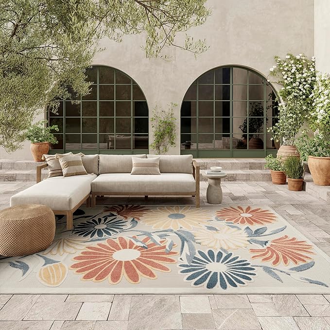Nourison Home Aloha Ivory Rose 9' x 12' Area Rug - Easy Clean, Non Shedding, Bed Room, Living Room, Dining Room, Kitchen (9' x 12')