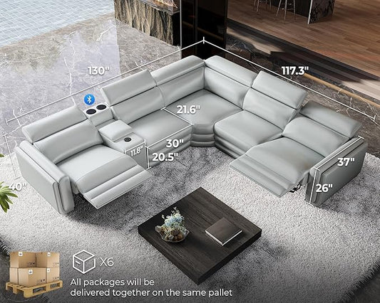 Jocisland Dual Power Recliner, Oversized 5-Seater Sofa with Console, 3 Bluetooth Speakers & Hidden Storage, Modern L Shaped Reclining Couch with 6 Charging Ports - Light Gray Leathaire