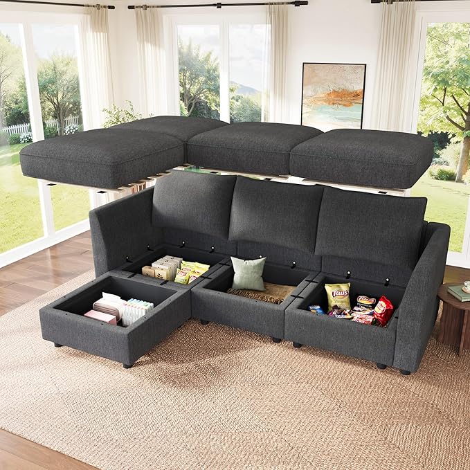 HONBAY Modular Sectional Sofa with Storage L Shaped Sectional Sofa, Convertible Couches for Living Room - Snowflake Velvet Grey