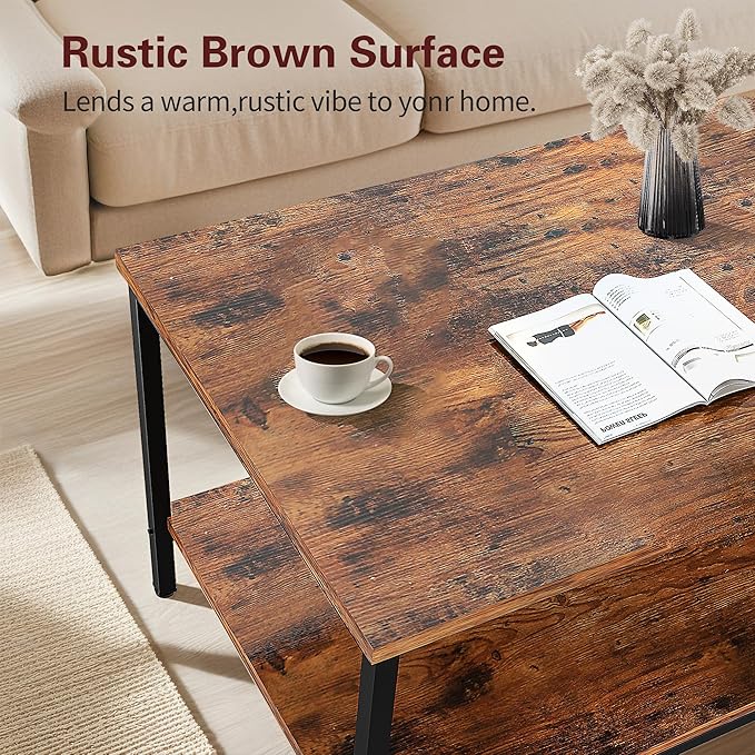 VECELO Coffee Table Set of 2 - Adjustable Height with USB Ports & Wheels, 31.5" and 20" Side and End Tables for Living Room, Bedroom, Apartment, Industrial Style, Rustic Brown