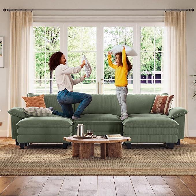 LINSY HOME 123'' Modular Sectional Sofa Green Couch Corduroy Cloud Couches for Living Room, U Shaped Couch with Movable Ottoman, Modern Cloud Sectional Sofas for Bedroom and Apartment, Green