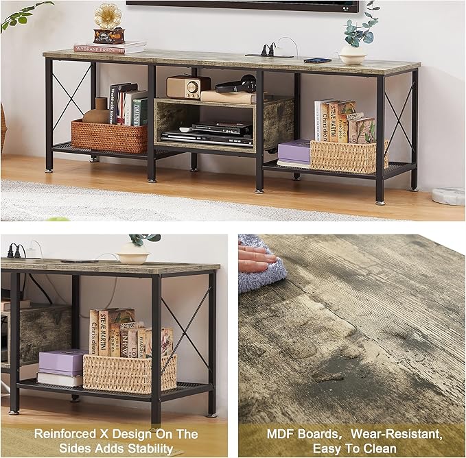 VECELO TV Stand with Power Outlets for 65 Inch Industria Media Entertainment Center with Charging Station, 3-Tier Open Shelves & Metal Frame for Living Room, Bedroom, 55 Inch, Grey