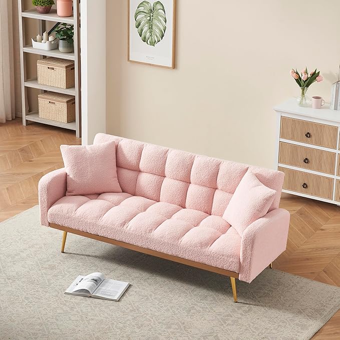Eafurn Padded Convertible Futon Sofa Bed, Teddy Fleece Fabric Futons Loveseat Couch with Adjustable Backrest, Folding Sleeper Recliner Sofabed for Living Room Furniture | Golden Legs, Wood Frame