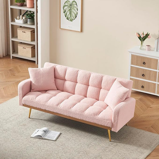 Eafurn Padded Convertible Futon Sofa Bed, Teddy Fleece Fabric Futons Loveseat Couch with Adjustable Backrest, Folding Sleeper Recliner Sofabed for Living Room Furniture | Golden Legs, Wood Frame