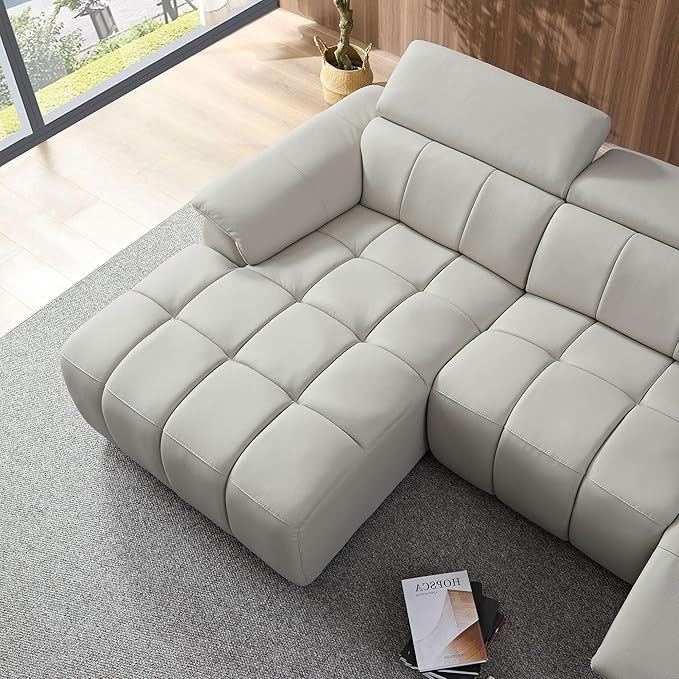 KEIKI 113" L-Shaped Genuine Leather Wall-Hugger Reclining Sofa with Left Chaise, Adjustable Backrest & Footrest, Modern Style Electric Control 3-Seater Couch with USB, for Living Room, Light Grey