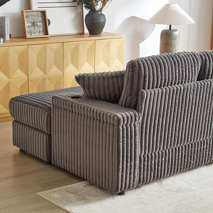 Corduroy Upholstered Modular Sectional Sofa Cloud Couch with Movable Ottoman, 84" Oversized Loveseat Convertible Sleeper Sofabed with 3 Cushion Backrest and Throw Pillows