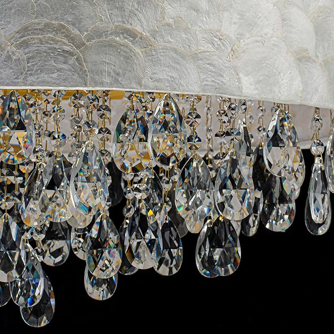 8-Light Drum Capiz Shell Crystal Chandeliers, Coastal Style Pendant Light Fixture for Dining Room, Living Room, D24 x H23~71 inch(Adjustable), Shell Lampshade & Gold Finish