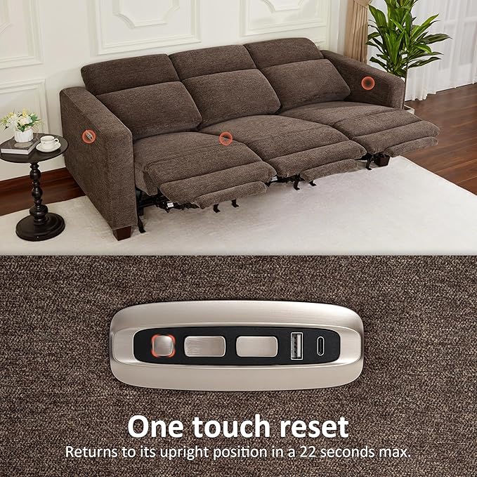 MCombo 88.6'' Reclining Sofa, Wall Hugger Power Recliner Sofa with Adjustable Headrest, USB A & C Charge Ports, Wood Legs, for Living Room (Fabric, HL198M3) (Coffee, 3-Seater)
