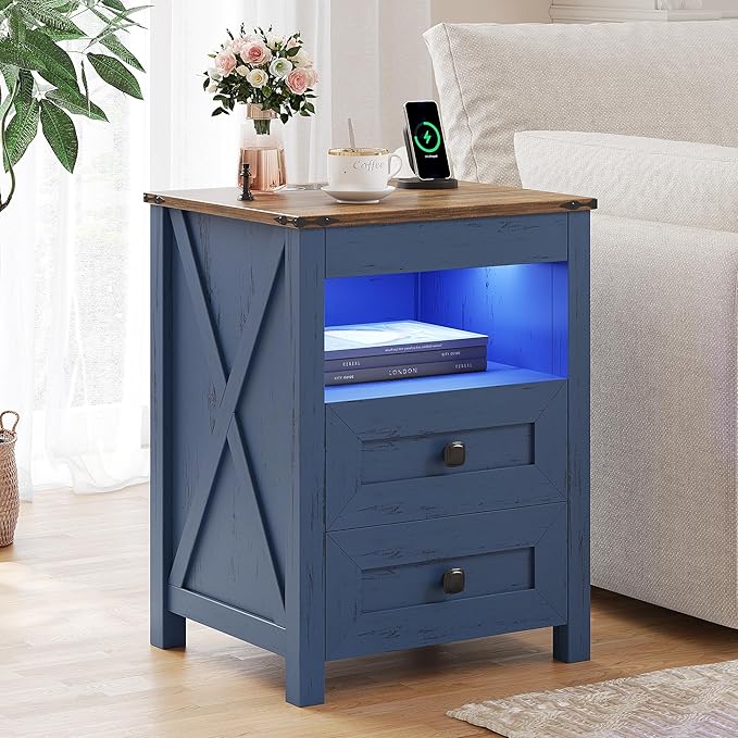 Farmhous Nightstand with Gun Drawer,Bedside Table with Charging Station, Gun Night Stand with LED Light & Human Sensor,Smart End Table for Bedroom, Blue