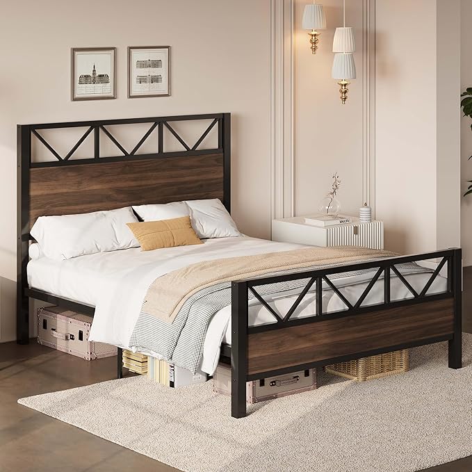 LIKIMIO Queen Bed Frame, Tall Industrial Headboard 51.2 ", Platform Bed Frame with Strong Metal Support, Solid and Stable, Noise Free, No Box Spring Needed, Easy Assembly, Walnut