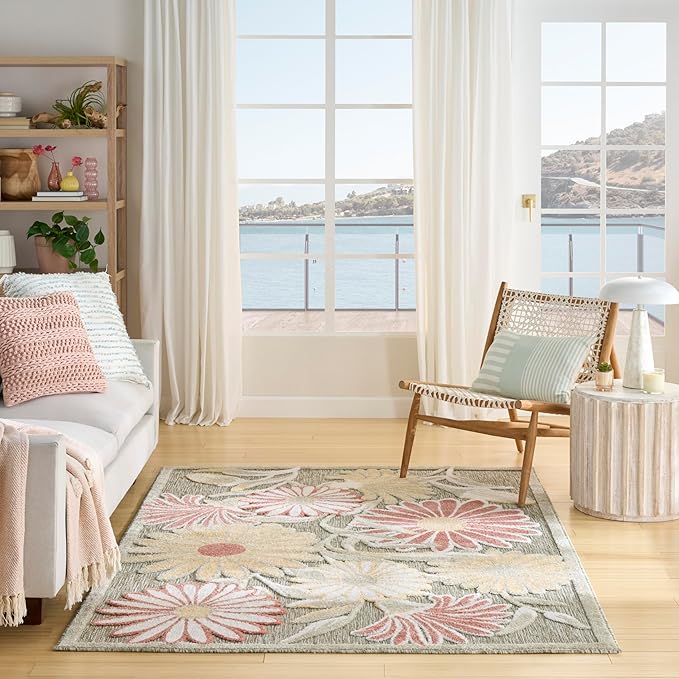 Nourison Home Aloha Sage Rose 5'3" x 7'5" Area Rug - Easy Clean, Non Shedding, Bed Room, Living Room, Dining Room, Kitchen (5' x 8')