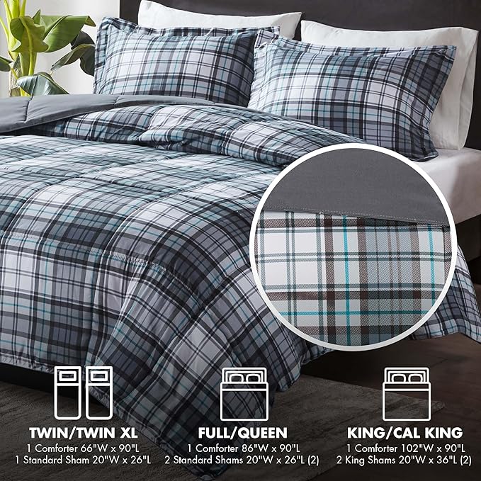 Madison Park Essentials Parkston Plaid Comforter, Matching Sham, 3M Scotchguard Stain Release Cover, Hypoallergenic All Season Bedding-Set, Twin/TwinXL, Grey, 2 Piece