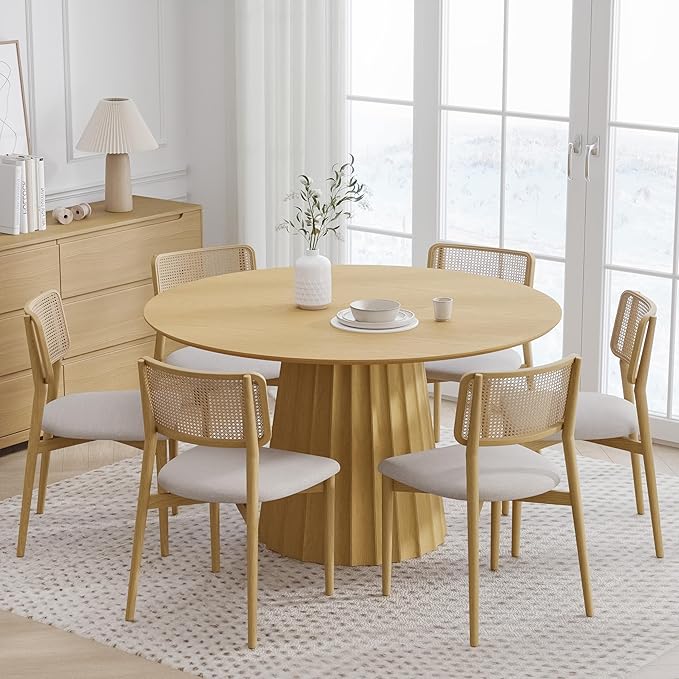 Casaphoria 52" Round Dining Table, Modern Wood Kitchen Table with Cone Shaped Strip Concave Base for Living Room & Dining Room, Easy Assembly Farmhouse Furniture for 4-6, Oak