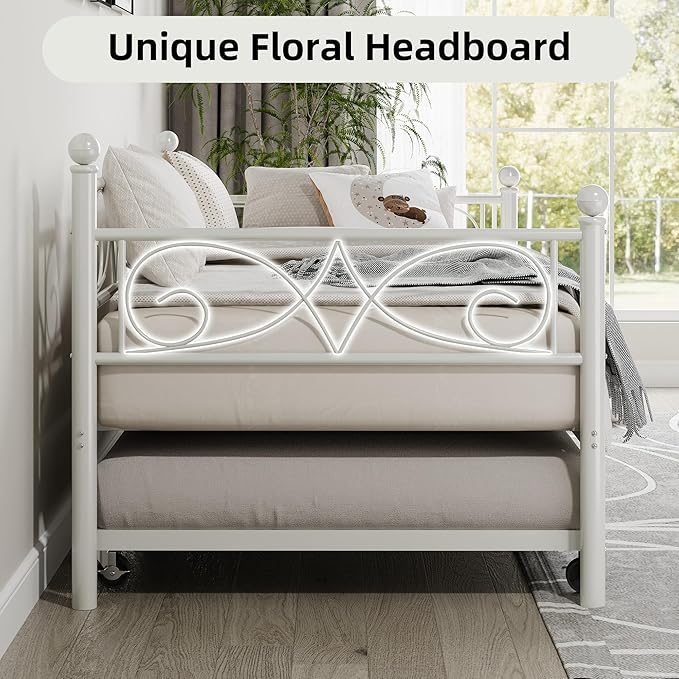 IDEALHOUSE Twin Daybed with Trundle, Metal Trundle Bed, Sofa Bed Frame, Heavy Duty Metal Slats, for Living Room, Bedroom, Guest Room, Space Saving, Modern White