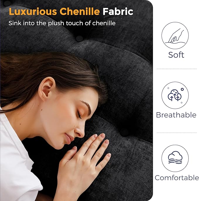 MAXYOYO Tri-Fold Mattress, 6 Inch Tufted Folding Mattress with Chenille Fabric, Portable Full Size Floor Guest Mat for Adults, Foldable Topper for Camping, Black, 53"x75"