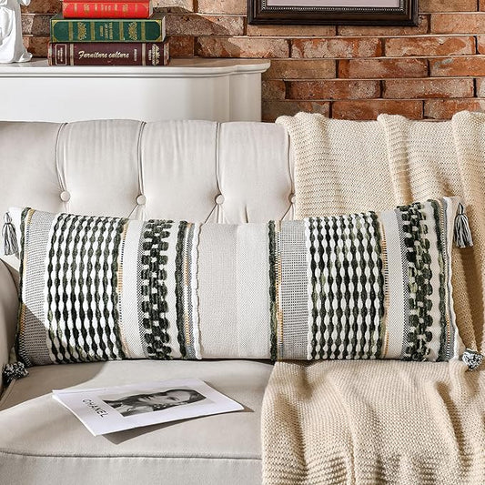 AmHoo Chenille Striped Textured Boho Throw Pillow Covers Aesthetic with Tassels Woven Decorative Pillow Case for Couch Bed Sofa Bedroom Modern Funky 14 x 36-Inch Sage Green