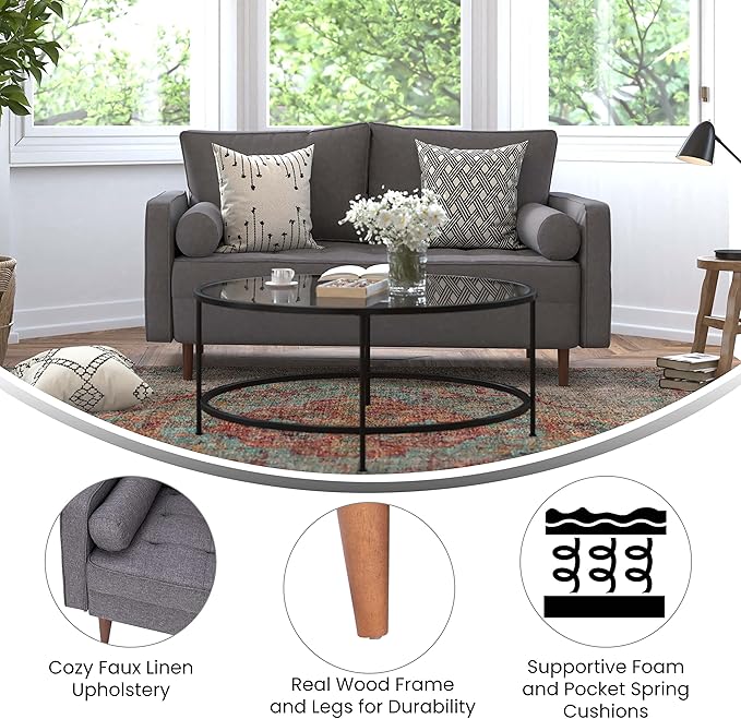 Taylor & Logan Hendrix Tufted Faux Linen Upholstered Mid-Century Modern Loveseat with Solid Wood Legs in Dark Gray