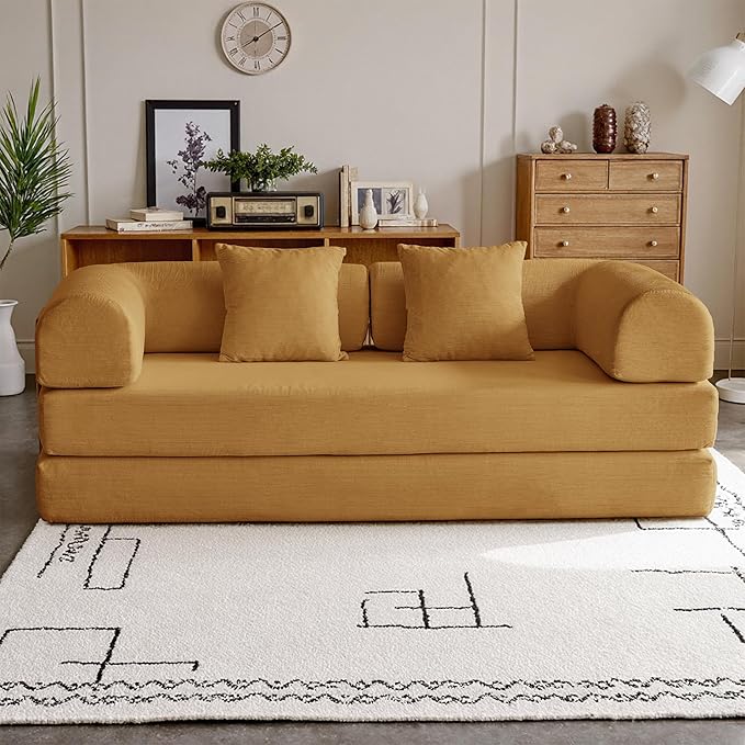 87'' Convertible Compressed Corduroy Folding Cloud Sofa Bed, Modern Modular Boneless Pull Out 3 Seater Sleeper in a Box, 5 in 1 Foldable Floor Mattress Couch, No Assembly Need, Yellow, Pillows, King