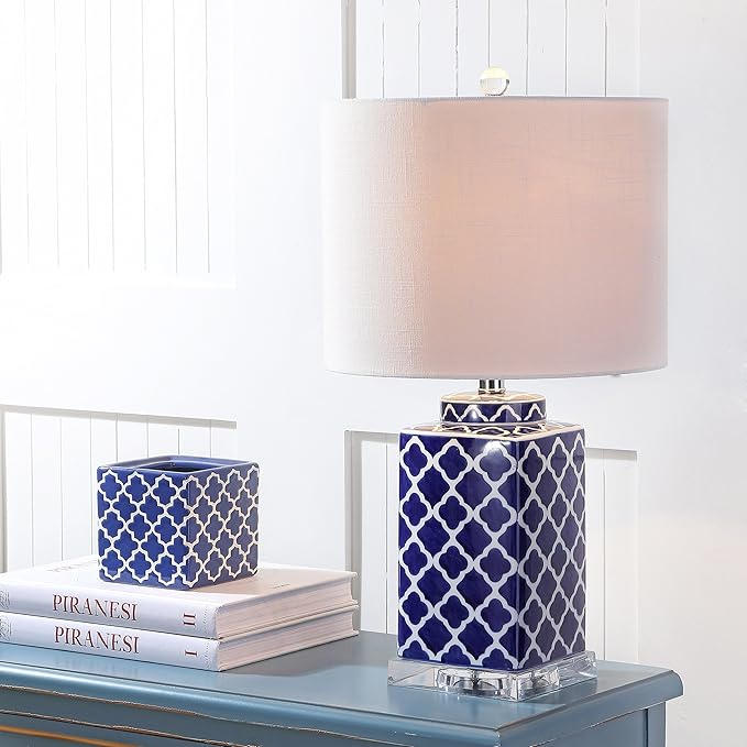 JONATHAN Y 23" Blue/White Chinoiserie Ceramic LED Table Lamp, Hand-Painted Trellis Ginger Jar Design for Living Room Bedroom, White Linen Drum Shade, LED Bulb Included JYL3011A