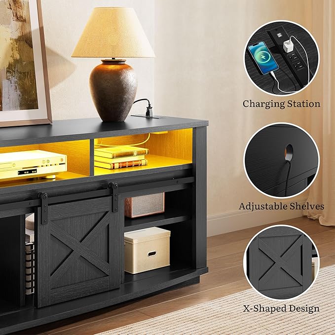 YITAHOME TV Stand for 75/80 Inch TV, Black Entertainment Center 70 Inches Wide, Media Furniture TV Table with with Power Outlet, TV Consoles for Living Room, Curved Desktop, Sliding Barn Doors