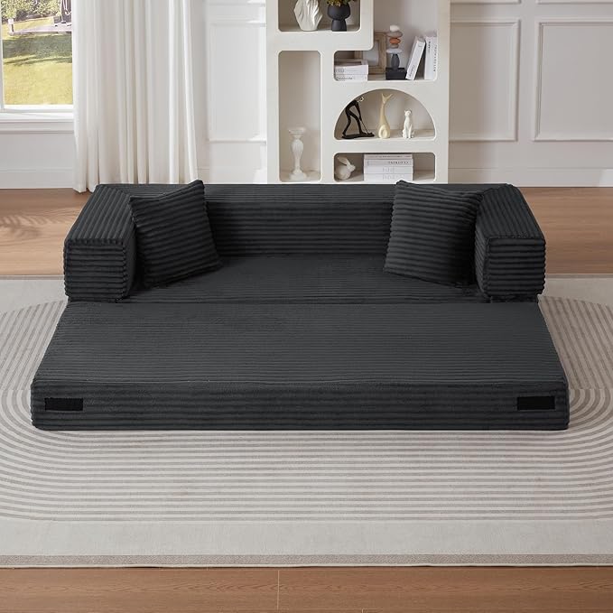 Ball & Cast Modern Upholstered Sofa with 2 Pillows,Boneless Corduroy Couch W/Deep Seat,Convertible Folding Sleeper Sofa Bed for Living Room,Bedroom,Apartment,No Assembly,Dark Gray,78"
