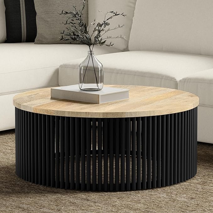 SIMPLIHOME Demy Coffee Table - 35 inch Wide Solid Wood Industrial Contemporary Round Cocktail Table in Natural and Black, Sculptural Living Room Table with Powder Coated Metal Base, Assembled