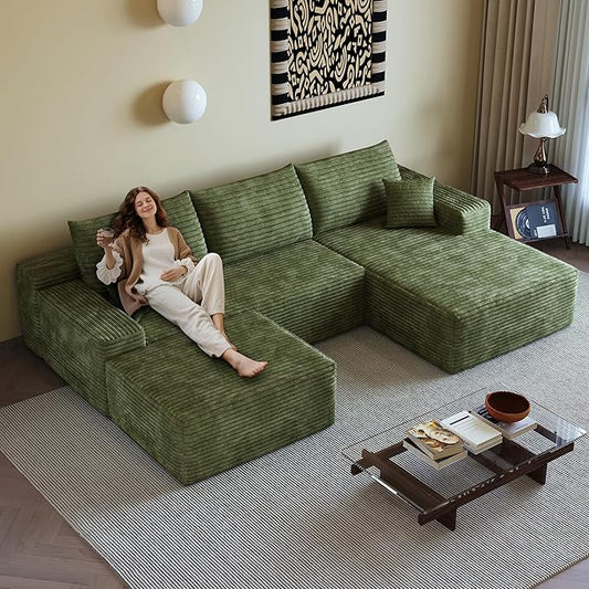 107" U Shaped Cloud Corduroy Couch with Ottoman, Comfy Sectional Boneless Couches for Living Room Bedroom, Deep Seat Sleeper Compression Sofa, No Assembly, Right Facing Chaise, Green