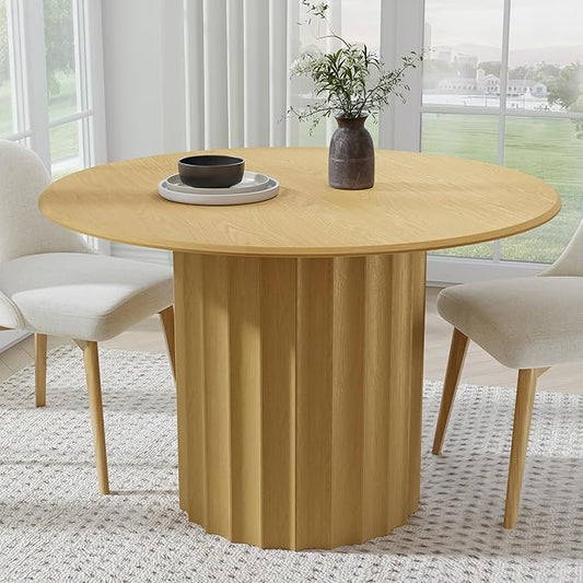 Casaphoria 46" Round Dining Table, Modern Wood Kitchen Table with Cylindrical Wide Bar Concave Base for Living Room & Dining Room, Easy Assembly Farmhouse Furniture for 4-6, Oak