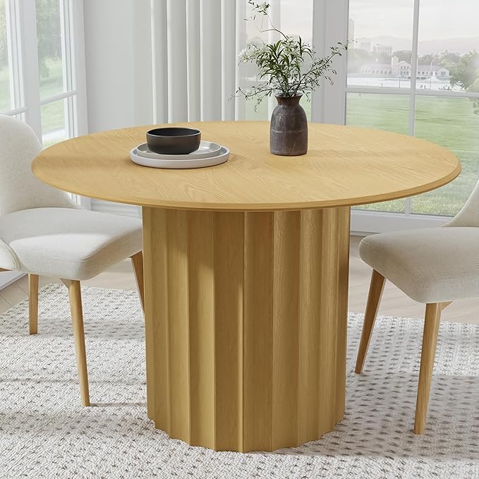 Casaphoria 46" Round Dining Table, Modern Kitchen Table for 4-6, Duckbill Edge Top & Cylinder Wide Strip Concave Leg, Farmhouse Dinner Table for Living Room, Kitchen, Bar, Easy Assembly, Oak