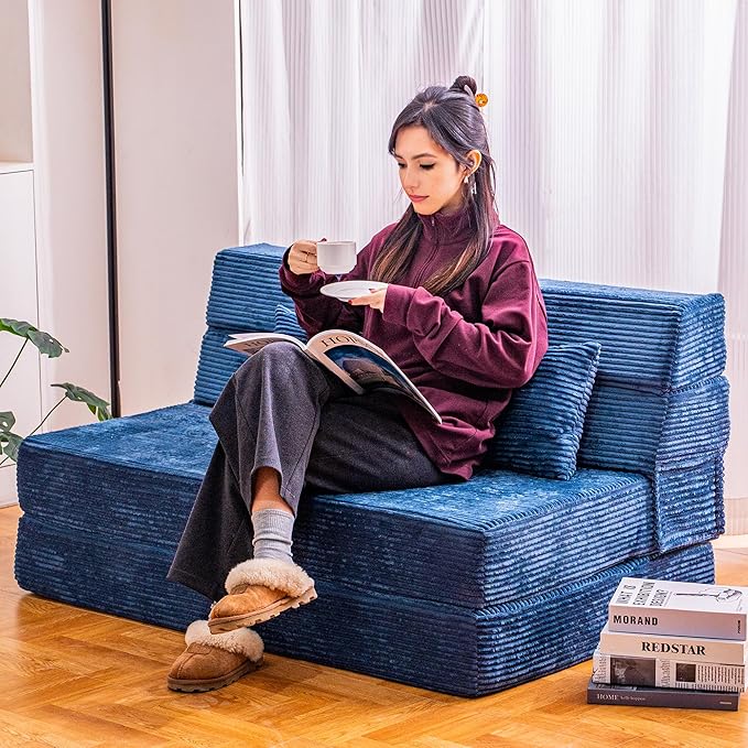 Cvortll Folding Sofa Bed, Convertible Sleeper Chair with Pillow, High Density Memory Foam Fold Out Couch, Foldable Mattress Futon Sofa for Living Room/Dorm/Guest Use/Apartment/Home Office