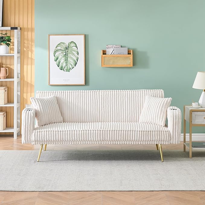 Luxury Plush Corduroy Upholstered Futon Sofabed Living Room Loveseat Sofa Convertible Sleeper Couch Bed with Style Armrests,Cupholders and Pillows, Love Seat Sofa&Couch for Home/Studio/Apartment