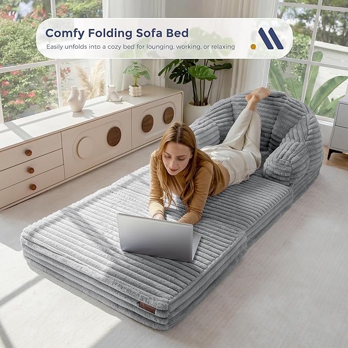 MAXYOYO Folding Sofa Bed, 2 in 1 Convertible Sofa to Lounger Comfy Faux Fur Bean Bag Chair for Adults, Floor Single Sleeper Couch Chair with Handle, Couch Bed for Living Room Bedroom, Grey