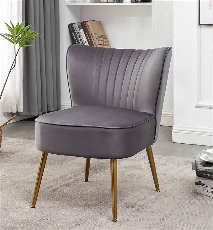 Modern Velvet Accent Chair for Living Room, Bedroom, or Entryway, Stylish and Comfortable Armless Design with Metal Legs, Grey