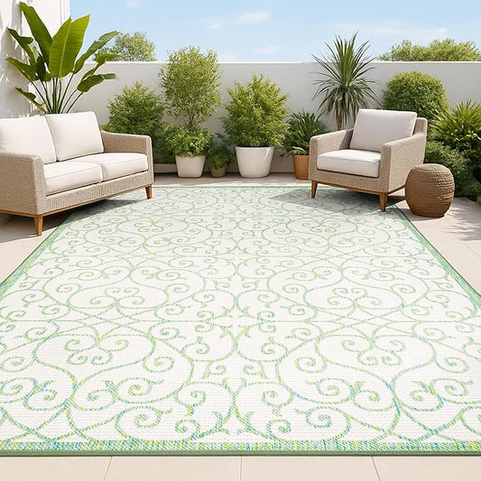 JONATHAN Y Vintage Filigree Indoor Outdoor Area Rug 9X12 Cream/Green, Madrid Textured Weave for Backyard, Patio, Porch, Easy-Cleaning, High Traffic, Pet-Friendly, Non-Shedding (SMB107J-9)