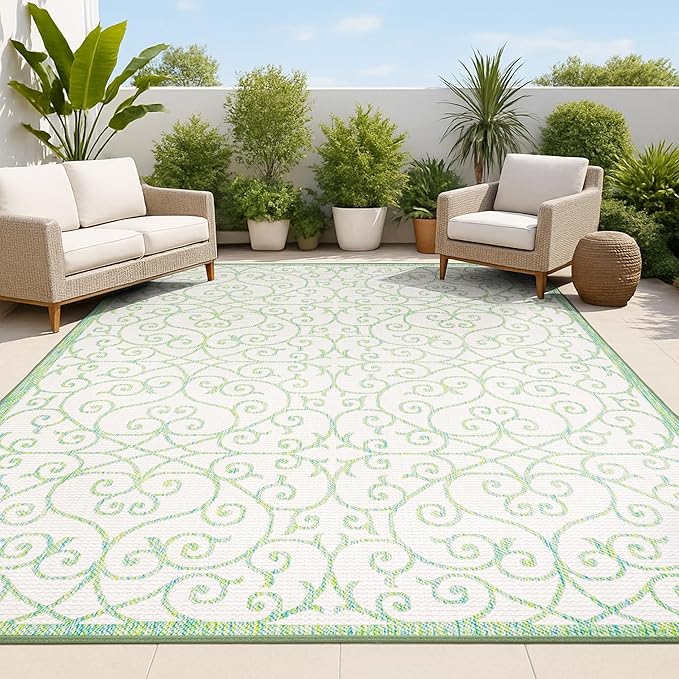 JONATHAN Y Vintage Filigree Indoor Outdoor Area Rug 8X10 Cream/Green, Madrid Textured Weave for Backyard, Patio, Porch, Easy-Cleaning, High Traffic, Pet-Friendly, Non-Shedding (SMB107J-8)
