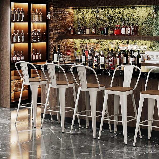 Andeworld Metal Bar Stools Set of 4, 30 inch Bar Height Barstools with Backs Farmhouse Modern High Back Bar Stools with Larger Seat Kitchen Dining Bar Chairs,Off White