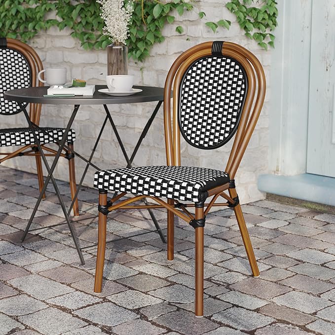 Flash Furniture Lourdes Indoor/Outdoor Commercial Thonet Bistro Stack Chair - Black/White PE Rattan Back and Seat - Natural Bamboo Print Metal Frame