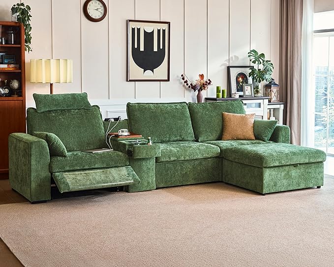 138.6'' Oversized Power Recliner Sofa with Headrest, Modular Cloud Sectional Couch with Convertible Table, Charging, Drawer, Cup Holder, 4-Seater with Storage Ottoman, Chenille, Green