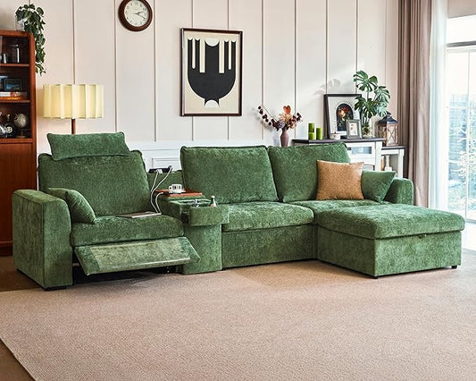 138.6'' Oversized Power Recliner Sofa with Headrest, Modular Cloud Sectional Couch with Convertible Table, Charging, Drawer, Cup Holder, 4-Seater with Storage Ottoman, Chenille, Green