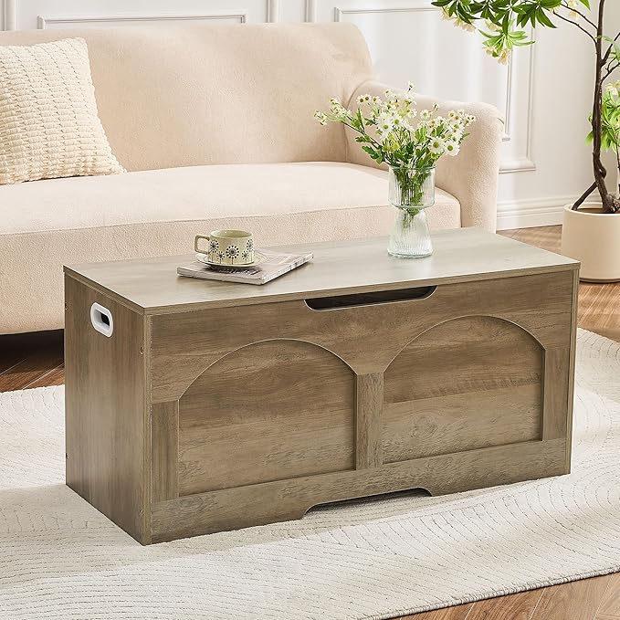 Storage Chest, 31.5" Retro Wooden Storage Bench, Entryway Storage Trunk, Supports 330 lb, Upgraded Safety Lift Support Hinge, Entryway Bench, U-Shaped Opening for Entryway Living Room, Greige