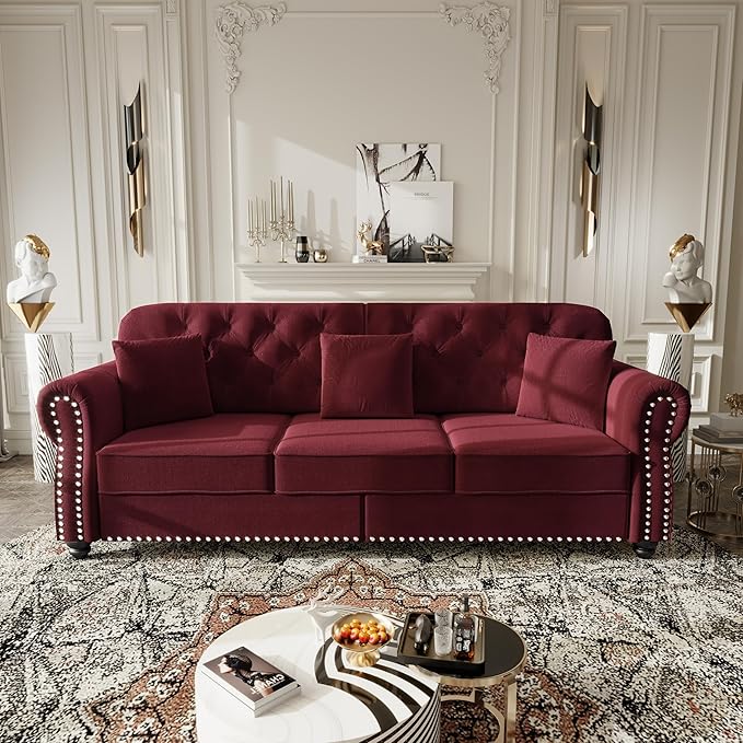 KEIKI 83" Velvet Chesterfield Sofa with Rolled Arms & Nailhead Trim & 3 Ottoman, Modern 3-Seater Button Tufted Couch with High Resilience Cushion & 3 Pillow, Easy Assembly, for Living Room, Burgundy
