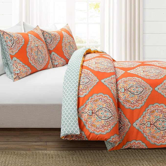 Lush Decor Harley Reversible Cotton Duvet Cover King Size 3 Piece Set Tangerine - Boho Bedding Set King Duvet Covers - Orange Boho Bedroom Decor